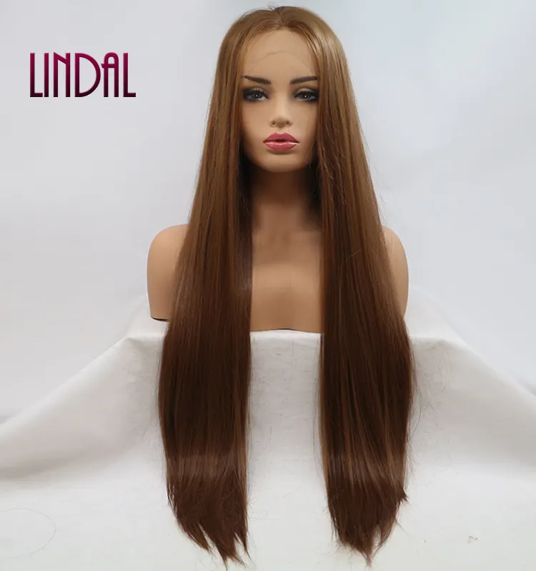 Lindal Afro 180 Dichtheid Synthetische Pruiken Hittebestendige Fibre Synthetisch Bruin Silky Straight Lace Front Haar Pruik Voor Zwarte Vrouw