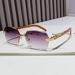 <b>Rimless</b> Gradient <b>Sunglasses</b> Wood Frame Leopard Decor Men UV400 Sun Protection - Product Image 2