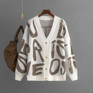 Automne hiver dames décontracté Cardigan lettre Jacquard pull <span class=keywords><strong>tricot</strong></span>é personnalisé coréen <span class=keywords><strong>tricot</strong></span> lâche bouton pull <span class=keywords><strong>manteau</strong></span> pour femmes - Product Image 6