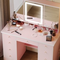 Coiffeuse moderne en bois rose avec 9 tiroirs, miroir LED, design panneau pour chambre d'hôtel, étagères de rangement dissimulées