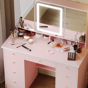 Gran oferta, tocador de maquillaje moderno de madera rosa, tocador de 9 cajones con 3 espejos, estantes de almacenamiento ocultos para dormitorio - Product Image 6
