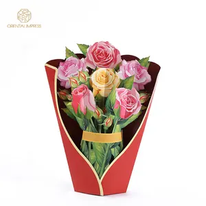 Vendita all'ingrosso marrone piccola scheda-2021 3D pop up biglietto di auguri fiore della rosa di disegno di carta di san valentino