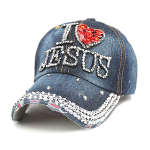 Gorra de Béisbol Personalizada 'I <span class=keywords><strong>Love</strong></span> Jesus' con Logotipo de Diseño Privado, Estilo Deportivo en Mezclilla y Pedrería Termoadhesiva, Fabricada al por Mayor - Product Image 1