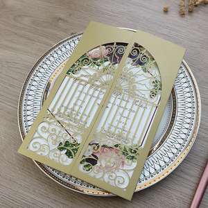 Vente en gros de papier oignon doré découpé au laser Invitations de mariage de luxe Porte du bonheur cartes d'<span class=keywords><strong>invitation</strong></span> de mariage personnalisées - Product Image 5