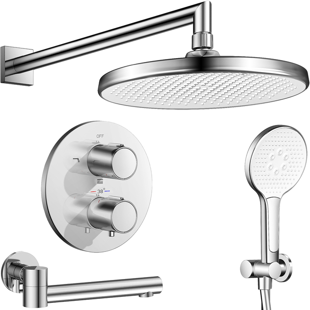 Wall Mounted Bathroom Luxury Rain Shower Faucet Set with Diverter Chrome Finish Easy Installation Shower Kits