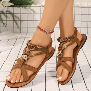 Women Bohemian Metal Flower Decor Flat <b>Sandals</b> <b>Elastic</b> Ankle Strap Open Toe Summer Beach Ladies Shoes - Product Image 1