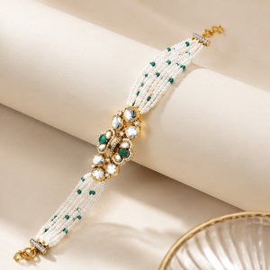 925 Silver Pearl <b>Beaded</b> <b>Bracelet</b> for Women with Green Stone Traditional Ethnic Designer Jewelry Fashion Party Wear Style - Product Image 3