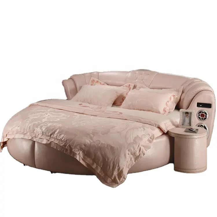 Européen de luxe doux de conception de meubles de chambre à coucher moderne rond élégant lit king size en cuir