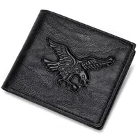 Leather coin-pocket wallet with all-over embossed eagle