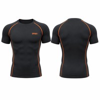 T-shirt de compression OEM à manches courtes pour la gym, extensible dans les 4 sens, 100 % polyester, séchage rapide, avec passepoil, personnalisable, faible MOQ