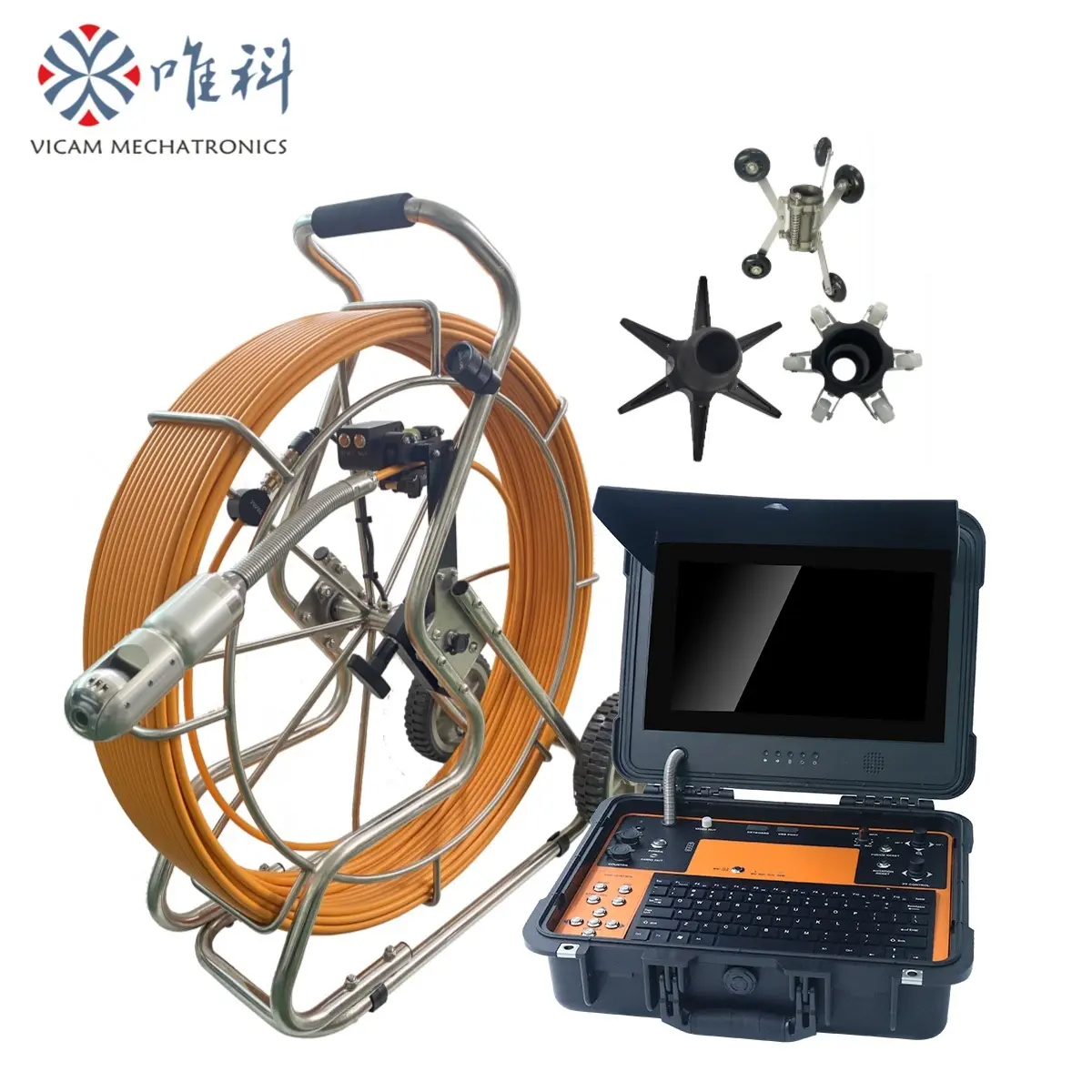 Vicam 360 Rotation PTZ Sewer Pipe Inspection Camera 60m 150m Depth Counter 13 HD Monitor 50mm Industrial Endoscope Camera System