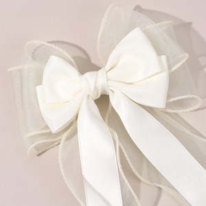 CN Korean Tulle Boutique Hair Bow Clip con colas largas Accesorios de boda para niñas Clip de pelo de tela - Product Image 5