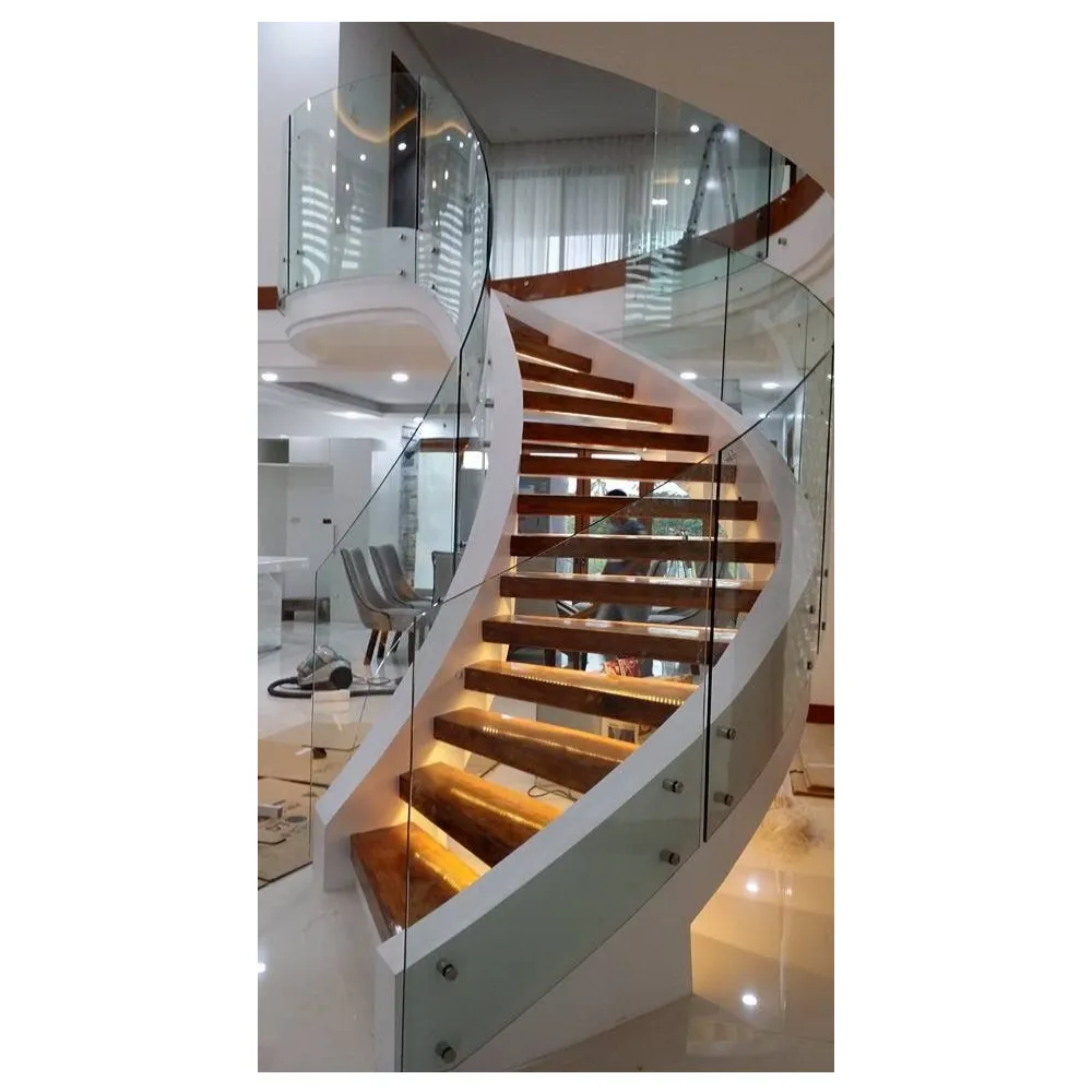 2024 Mono Stringer Floating Staircase Glass Cast Iron Railing Hotel Indoor Wood Carbon Steel Stringer Spiral Curved Arc Stairs