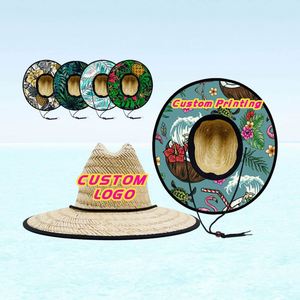Printed Underbrim Natural Straw <b>Hat</b> Wide Brim UV Protection Beach Sun <b>Hat</b> with Custom Logo Adjustable Chin Strap for Outdoor - Product Image 1