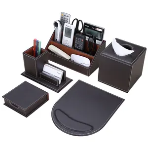 School Brown Desk Set Leather Items Office Stationery Home Desktop Storage Set