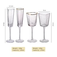 Lot de verres à vin en cristal soufflé à la main, sans plomb, avec bordure dorée triangulaire, verres martelés à long pied pour flûte, pour mariage