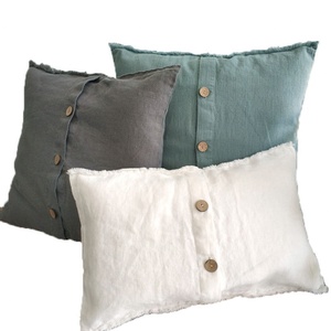 Wholesale Cushion Cover Pillowcase 100% Flax Linen Beige <b>Striped</b> Plaid Pattern Chair Cover Bamboo Shell Button Pillow Cover <b>Set</b> - Product Image 1