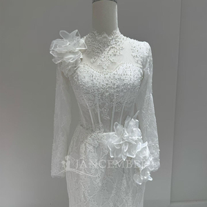 Vestido de Novia de Lujo Lscm91 Color Marfil, Mangas Largas con Ilusión de Transparencia, Apliques de Encaje Floral, Vestido de Novia Sirena con Cuentas, Jancember - Product Image 4