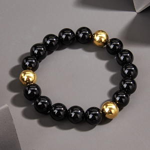 Glossy Black Onyx <b>Beads</b> for <b>Bracelet</b> with Stainless Steel & Gold Plating Custom Luxury Jewelry for <b>Men</b> for Buddhism - Product Image 1