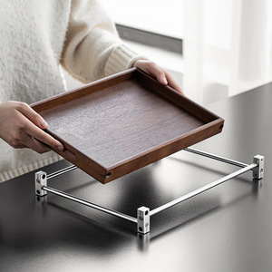 ถาดชาไม้วอลนัท โครงอะลูมิเนียม โต๊ะชงชาทรงสี่เหลี่ยมสำหรับชุดน้ำชา ทนทาน จัดเก็บได้ - Product Image 2