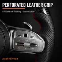 Volant en cuir personnalisé, cuir perforé, fibre de carbone, surpiqûres contrastées rouges, rayons chromés argent satiné - Adapté pour le sport