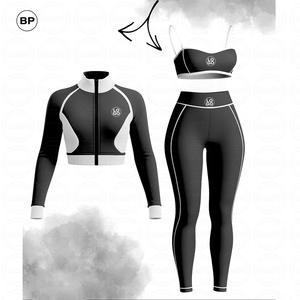 Quần Áo Các Nhà Sản Xuất Cao Cô Gái Thân Thiện Với Thiết Lập Colorblock Đứng Cổ Áo Dây Kéo Áo Khoác Áo Ngực Và Xà Cạp 3 Mảnh Hoạt Động Mặc Bộ - Product Image 3