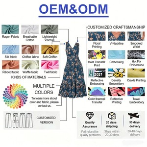 Abito lungo floreale blu teal personalizzato con vita smockata, senza maniche, scollo a V, tasche e balze, stile boho estivo per vacanze, OEM ODM - Product Image 3