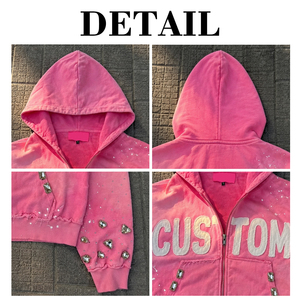 Custom Y2K Acid Wash Rhinestone Gem Applique Patch Men Hoodie OEM Cropped Boxy Heavyweight Distressed <b>Zip</b> Up Hoodie - Product Image 6