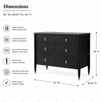 Commode à six tiroirs noire de style français avec quincaillerie dorée, élégante commode de rangement pour chambre à coucher et armoire autoportante pour la décoration intérieure
