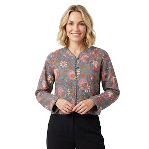 Handmade 100% Cotton Reversible Floral Quilted Eco-Friendly Boho Mandarin Collar Full <b>Sleeve</b> Autumn <b>Women's</b> <b>Short</b> Woven <b>Jacket</b> - Product Image 1