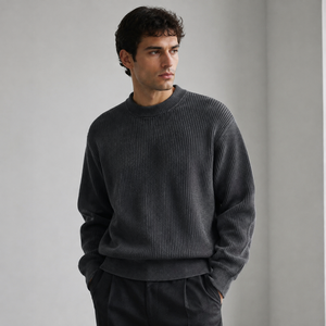 Maglione da uomo pesante in misto lana e cashmere, lavorato a coste, vestibilità ampia, girocollo spesso, spalle scese, pullover grosso, all'ingrosso - Product Image 2