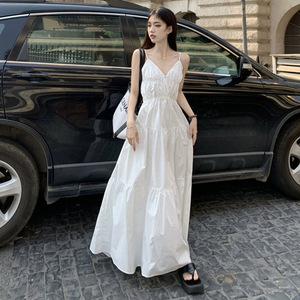 <b>White</b> V Neck <b>Maxi</b> Dress Natural Waist Splicing Simple Style Beach Vacation Cover Up - Product Image 1