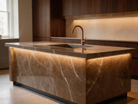 Dalle de marbre marron mocha de luxe avec veines fines blanches et veinage bronze pour mur d'accentuation d'hôtel et de villa