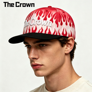 Casquette de baseball ajustée à 6 panneaux avec imprimé flamme de haute qualité, visière plate, broderie 3D, rouge et blanc, unisexe, vente en gros - Product Image 1