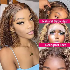 Cheap Afro Kinky Curly Ombre 4/27 Highlight Short Colored Bob Wigs Human Hair Lace Front Wig HD Lace Frontal Wig For Black Women