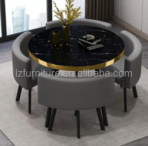 French Style Modern <b>Space</b> <b>Save</b> Small Home Dinning Furniture Restaurant Round Marble Gold Metal Base Dining <b>Table</b> and 4 Chair Set - Product Image 2