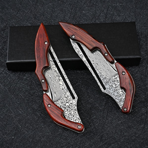 Couteau de poche pliant en acier <span class=keywords><strong>Damas</strong></span> avec manche en bois, couteau tactique de chasse, pour les voyages en plein air, EDC, survie, DIY, couteau de poche personnalisable - Product Image 5