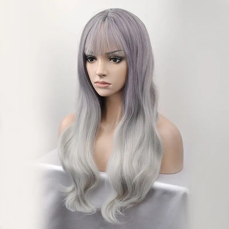Peluca de Cabello 100% sintético para niñas japonesas, nueva moda de dibujos animados, cosplay, degradado, gris, largo, rizado, ondulado