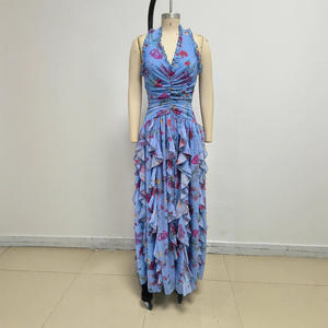 Abiti Lunghi Casual Maxi <span class=keywords><strong>con</strong></span> Schiena Scoperta e <span class=keywords><strong>Spacco</strong></span>, Vestito <span class=keywords><strong>Elegante</strong></span> Estivo da Donna <span class=keywords><strong>con</strong></span> Collo all'Americana, Motivo Floreale e Volant - Product Image 3