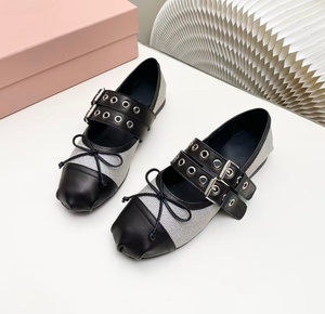 2026 New Style American Sweet Cool Double-Tie Canvas Patch Cowhide Bow One-Strand <b>Ribbon</b> Flat <b>Ballet</b> <b>Shoes</b> - Product Image 5