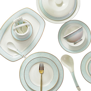 15/28/51-Piece Modern Minimalist Bone China Set From Jingdezhen, Featuring Blue and Gold Rim Designs - Product Image 6