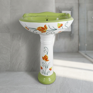 Vinus Vitrosa White Mint Green Round Ceramic Wash Basin with <b>Full</b> Pedestal Designer Bathroom - Product Image 2
