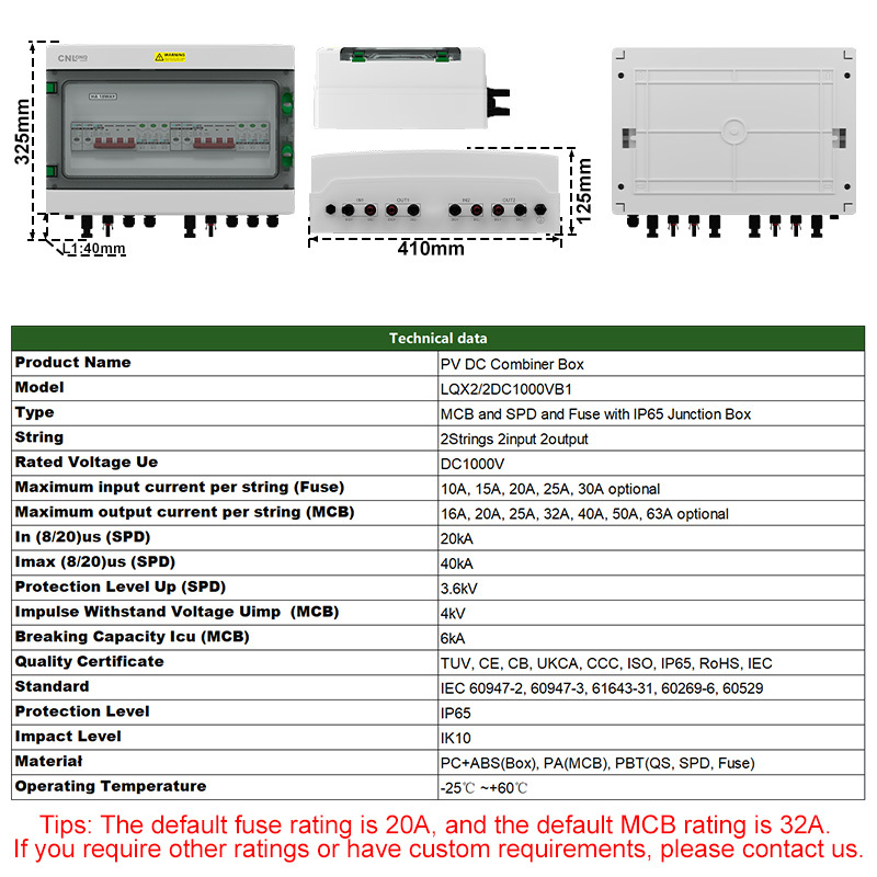 CNLONQ 2in 2out Solar PV Combiner Box 1000V DC 20/32/40/63A MCB with SPD and Fuse for 6-12kW Solar Systems · image 3