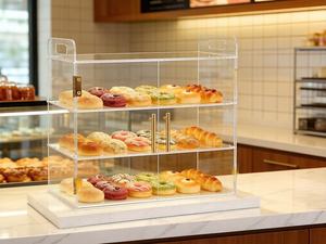 Boîte à <span class=keywords><strong>pain</strong></span> en acrylique sur mesure à 3 niveaux avec porte à ressort auto-fermante, conteneur alimentaire transparent commercial pour boulangerie, pâtisserie, café - Product Image 2
