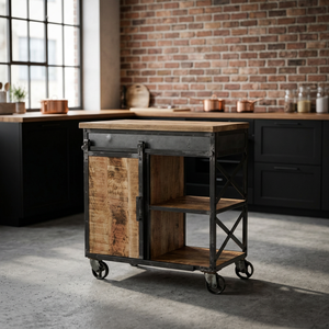 Chariot de cuisine industriel en bois avec roulettes, armoire de rangement à porte pleine, style antique - Product Image 3
