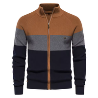 Cardigan tricoté zippé pour homme, personnalisé ODM, en nylon acrylique respirant et infroissable 240 GSM, à rayures, col montant, coupe ajustée, vente en gros