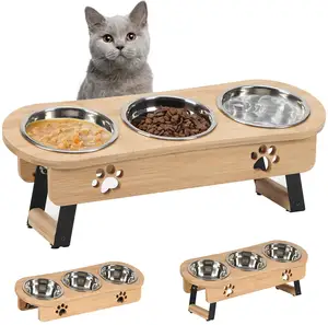 Wooden Stand Feeding Station 3 Bowls Elevated Cat Food Raised Bowls Stainless Steel Tilted Height Adjustable Pet Feeding Bowl