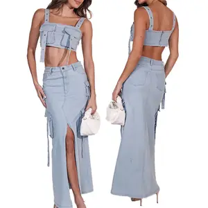 Высококачественная модная женская джинсовая юбка, комплект из двух предметов, укороченный топ с ремешком и карманами и джинсовая юбка макси с разрезом спереди