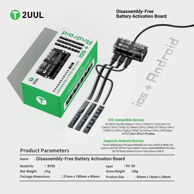 2UUL BT05 Disassembly-Free Battery Activation Board for IP 8G-17ProMax Android Phone Battery Quick Charging Activation Test Tool