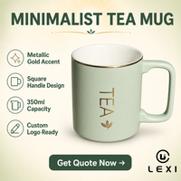 Taza de Té de Porcelana Moderna y Minimalista, Capacidad de 350 ml, Resistente al Calor, Apta para Microondas, con Detalles Metálicos en Dorado, Asa Cuadrada, Logotipo Personalizado